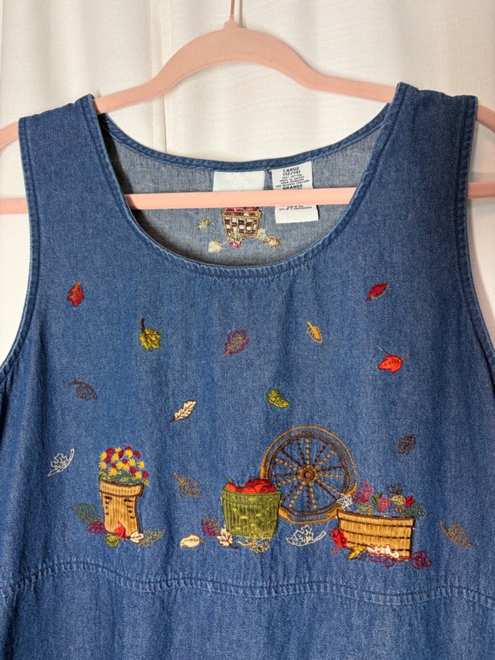 Bobbie Brooks Denim Jumper Dress Embroidered Fall Leaves L Cottagecore Vitg 90s - Picture 3 of 10
